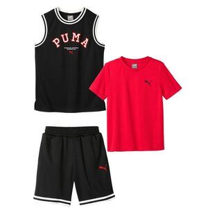 NWT PUMA Little Boys 3-Piece Activewear Set Black Shorts Tank Top Red Tee 3T/4T